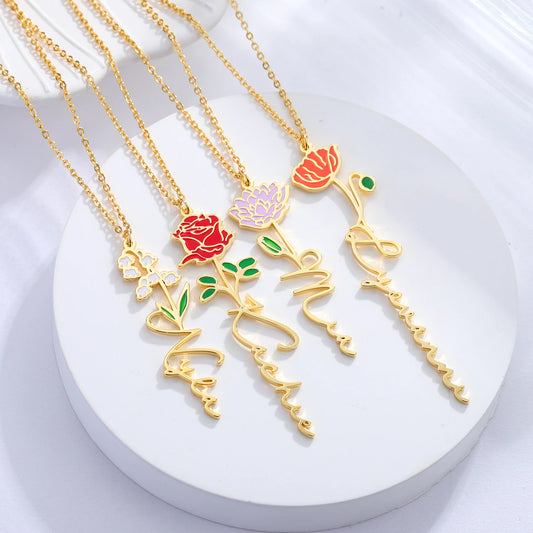Personalized Birth Flower Name Necklace (Color)